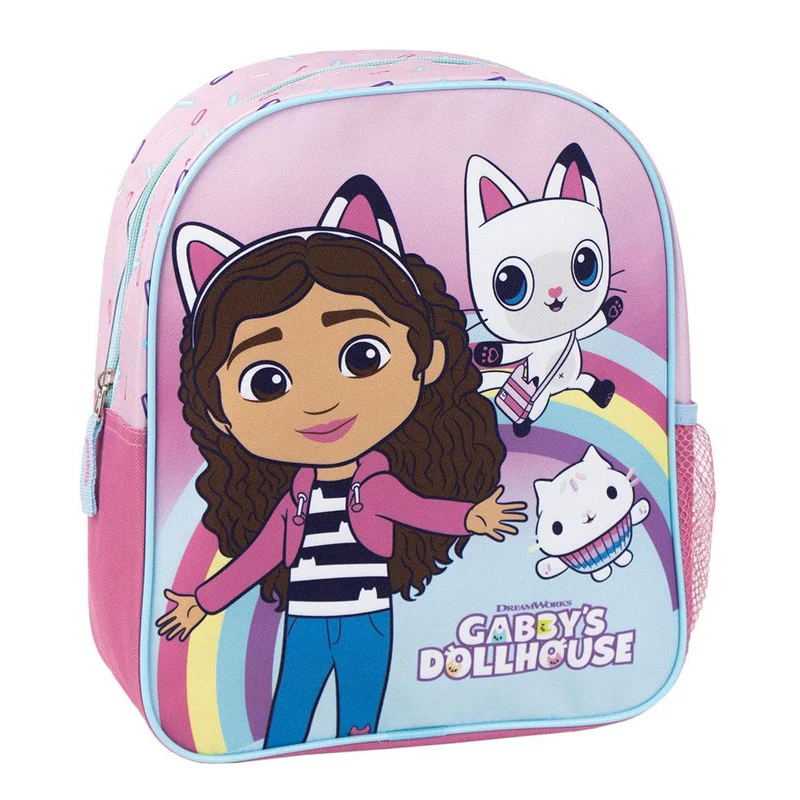 71NUpHyclNL_4eaaa679-9626-4121-8469-e1b67b3db546 - Da-Da Kids Backpack illustrated with a Gabby's Dollhouse character, a girl with curly hair, and two white cats on a pastel rainbow background.