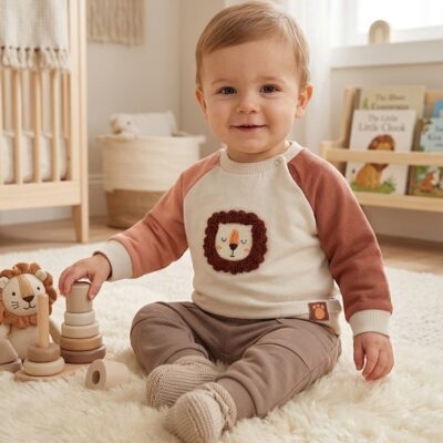 76a1bd0d-42d6-47ee-b518-0bc6d8dc7286 - Da-Da Kids Infant boy sits on a fluffy rug in a nursery, stacking wooden toys with a lion plush nearby, smiling at the camera.