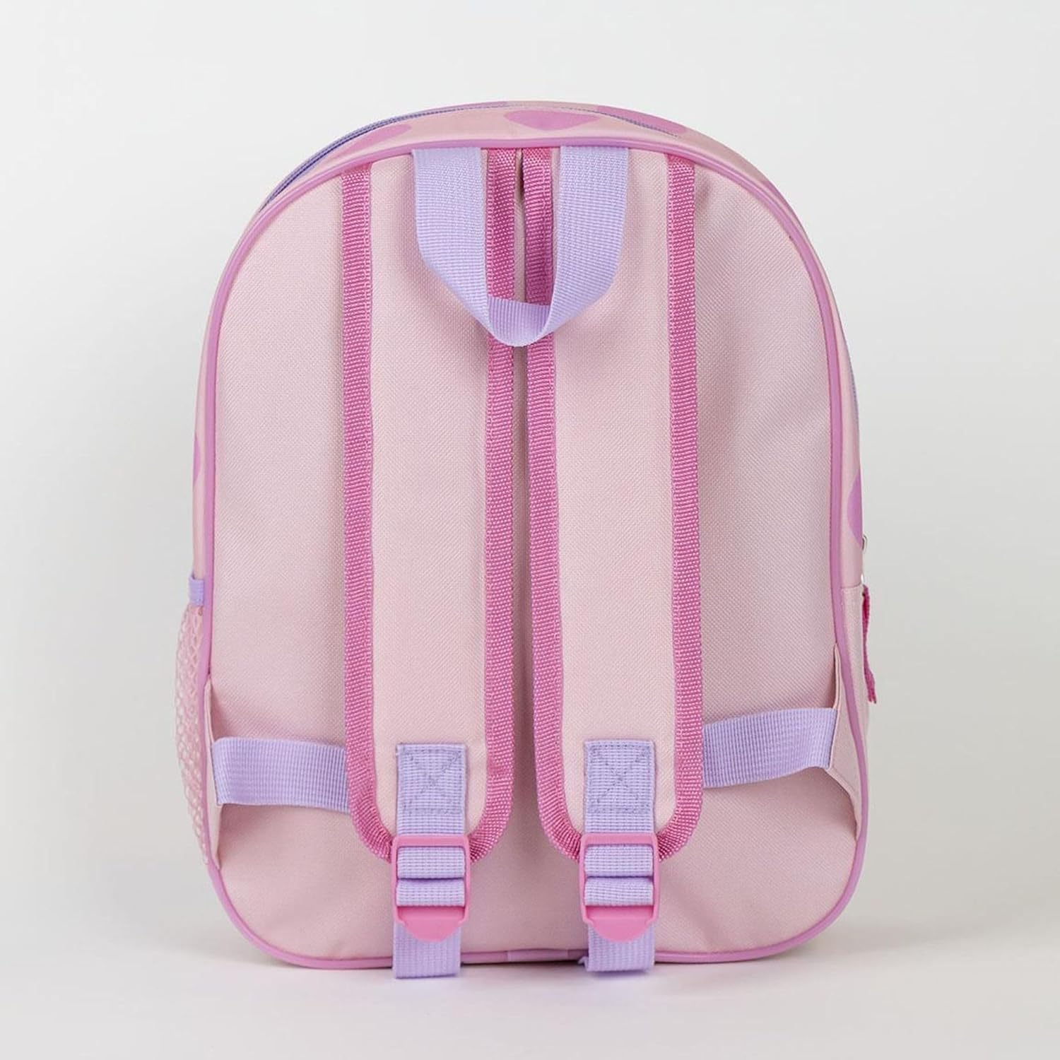 81zYomvsgyL_AC_SL1500_ - Da-Da Kids Pink children's backpack viewed from the back, with pink and lavender straps and handle.