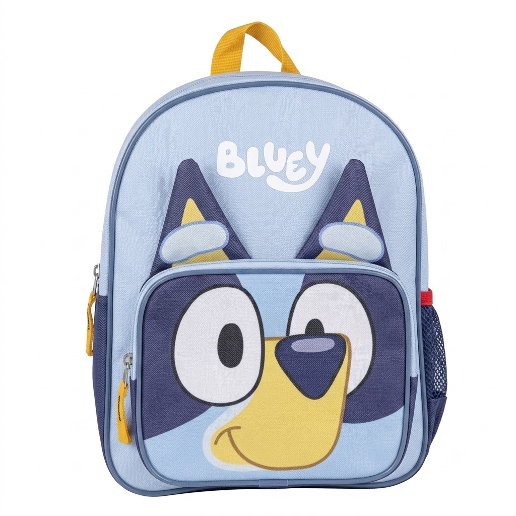 83f8fed0-6a62-4c2a-8e36-af1de243196f - Da-Da Kids Kids' blue backpack featuring a cartoon dog face (BLUEY) on the front, with a yellow top handle and yellow zipper pulls.
