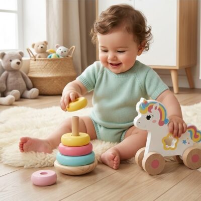 Baby in a mint-green onesie sits on a fluffy rug, stacking colorful wooden rings beside a unicorn pull-along toy.