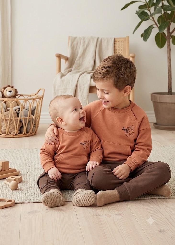 908f9adc-1386-44fa-818c-775df3d358b9 - Da-Da Kids Two brothers wearing matching orange outfits sit on a rug, smiling at each other in a cozy playroom.