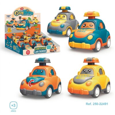 90cf1976-f008-46d5-b353-0e5167d9accc - Da-Da Kids Toy set of colorful cartoon police, ambulance, fire, and taxi cars with a display box labeled 'Cartoon Car Series' for ages 3+.