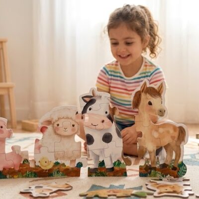 94e73271-7ebd-4222-ab41-8f176221206b - Da-Da Kids Young girl playing with wooden farm animal puzzle pieces on a rug in a bright playroom.