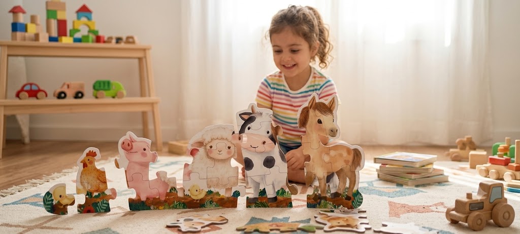 94e73271-7ebd-4222-ab41-8f176221206b - Da-Da Kids Young girl playing with wooden farm animal puzzle pieces on a rug in a bright playroom.