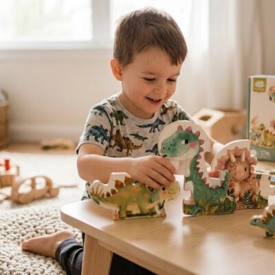 Young child playing with dinosaur puzzle pieces on a low table in a bright living room, smiling.