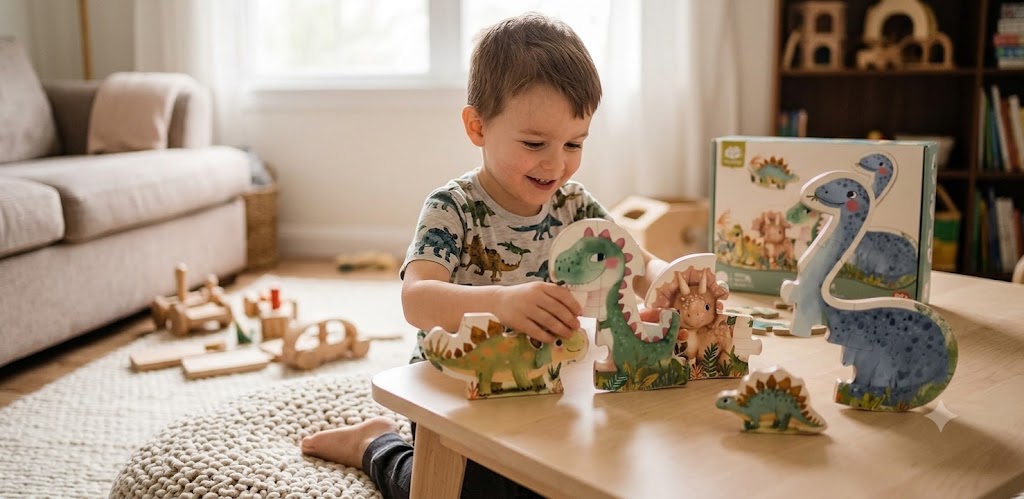 9c9c9750-7d28-41b2-afbf-23786c94254f - Da-Da Kids Young child playing with dinosaur puzzle pieces on a low table in a bright living room, smiling.