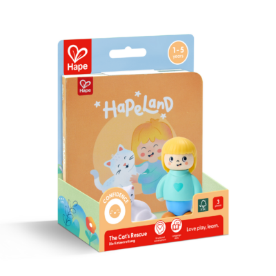 E3430_2 - Da-Da Kids Hape Hapeland toy package showing a blond-haired doll and a white cat with 'The Cat's Rescue' label for ages 1–5.