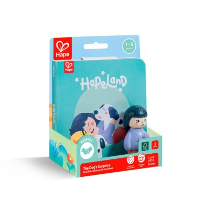 E3433_2adl - Da-Da Kids Brand-new Hape toy package for HaPeLand, featuring a small wooden dog figure inside (ages 1-5).