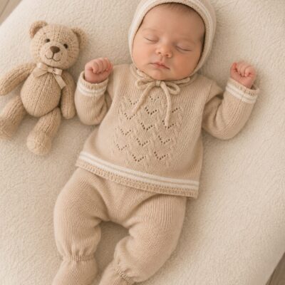 Sleeping baby in a beige knitted outfit on a soft cream blanket with a plush teddy bear beside them