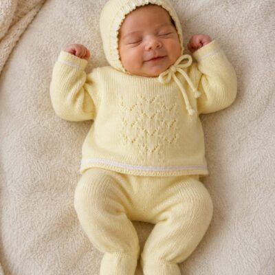 Smiling infant in pale yellow knitted one-piece with hood and booties, lying on a soft beige blanket.