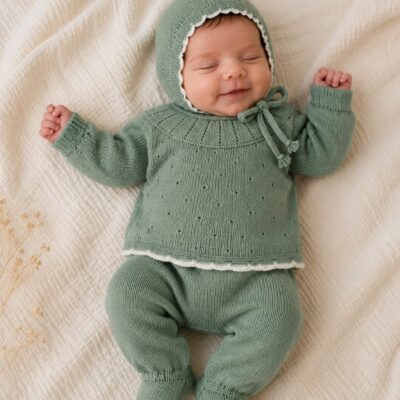 Smiling baby in a green knitted hoodie and pants, lying on a cream blanket.