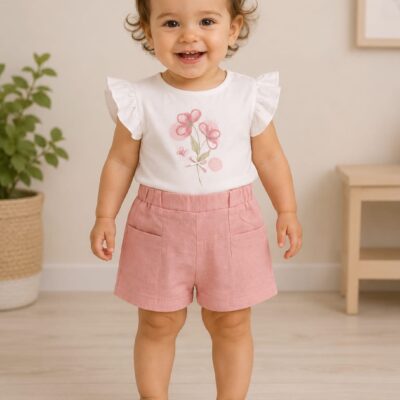Smiling toddler girl standing indoors in a white floral top, pink shorts, and white sandals with a pink bow in her hair.