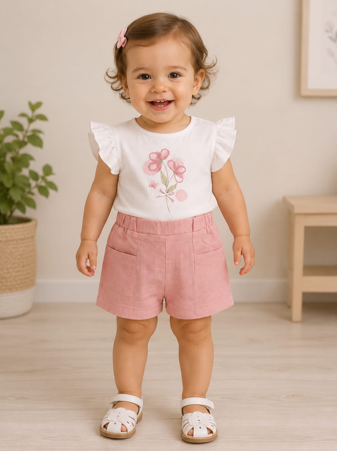 WhatsApp Image 2026-07-27 at 105102 2 - Da-Da Kids Smiling toddler girl standing indoors in a white floral top, pink shorts, and white sandals with a pink bow in her hair.