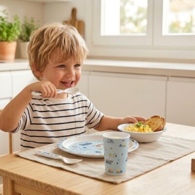 Young boy smiling while eating breakfast at a wooden table with toast and eggs on his plate, sunlight in the kitchen.