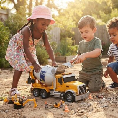 Three young children play with yellow toy construction trucks and miniature figures in a dirt yard under sunny light.