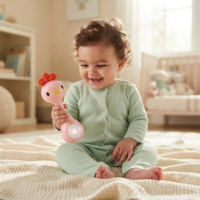 Smiling baby in a pastel green onesie sits on a beige knit blanket, holding a pink chicken-shaped toy with a glowing light in a bright nursery.