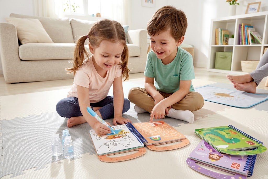 beebb19a-4667-4764-8b25-4f9784bb473d - Da-Da Kids Two kids sit on a soft play mat in a bright living room, coloring in spiral-bound activity books with markers.