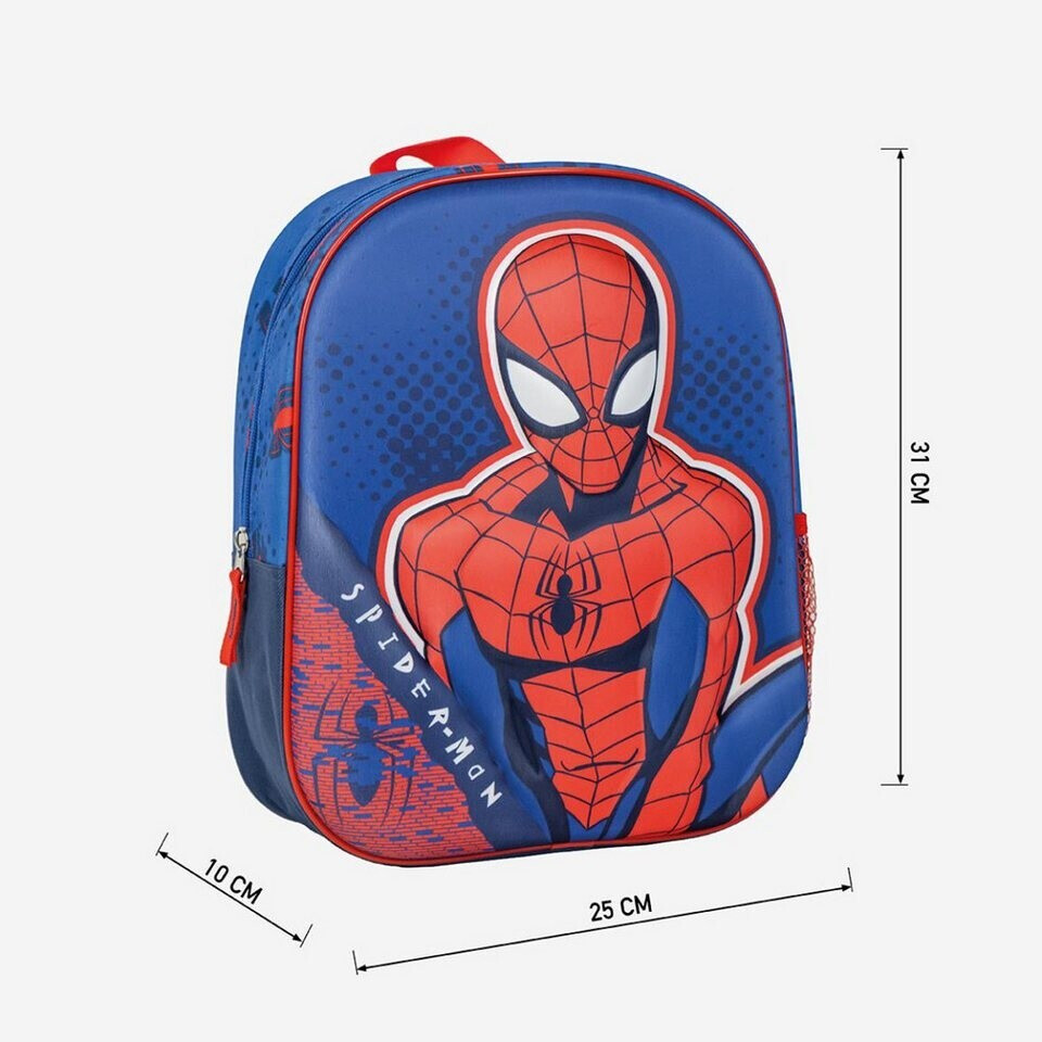 cerda-life-s-little-moments-mochila-infantil-spiderman-3d-azul-unisex-2100005108 2 - Da-Da Kids Blue Spider-Man backpack with a red web-patterned image on the front; dimensions shown: 31 cm tall, 25 cm wide, 10 cm deep.