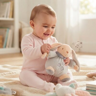 Smiling baby in pink pajamas sits on a beige rug, hugging a light blue plush bunny.