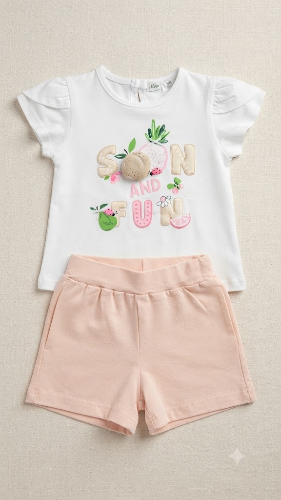 d4f86af6-a2fc-41bf-8b0a-1697e4f9e360 - Da-Da Kids Toddler girl's outfit: white T-shirt with pastel 'Sun and Fun' embroidery and light pink shorts underneath.”,