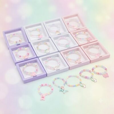 Pastel gift boxes arranged in a grid, each containing beaded bracelets with cute charms against a soft pastel background.