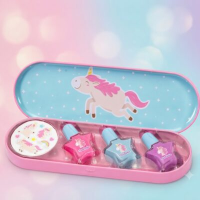 Pink unicorn-themed nail polish set in a pastel case with three star-shaped bottles and stickers beneath a circular lid sticker panel.