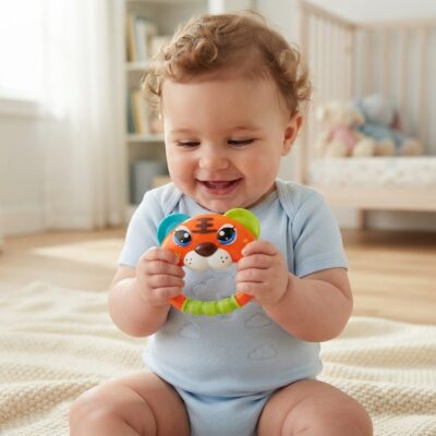 Smiling baby in a light blue onesie sits on a beige blanket, holding a colorful tiger-shaped rattle.
