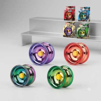 ec75f429-7673-4352-8dff-f7b6019fca23 - Da-Da Kids Colorful metal yo-yos in blue, purple, pink, red, and green scattered on a white surface with boxed yo-yo sets on a silver shelf in the background.