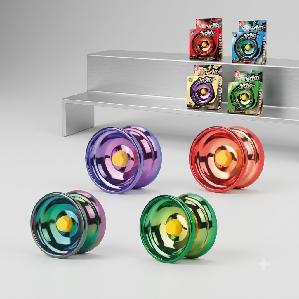 ec75f429-7673-4352-8dff-f7b6019fca23 - Da-Da Kids Colorful metal yo-yos in blue, purple, pink, red, and green scattered on a white surface with boxed yo-yo sets on a silver shelf in the background.