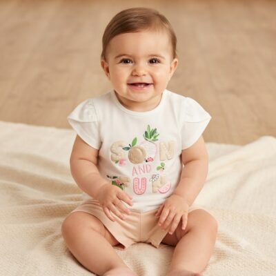 Smiling baby sitting on a soft cream blanket, wearing a white shirt with pastel fruit lettering and pink shorts.