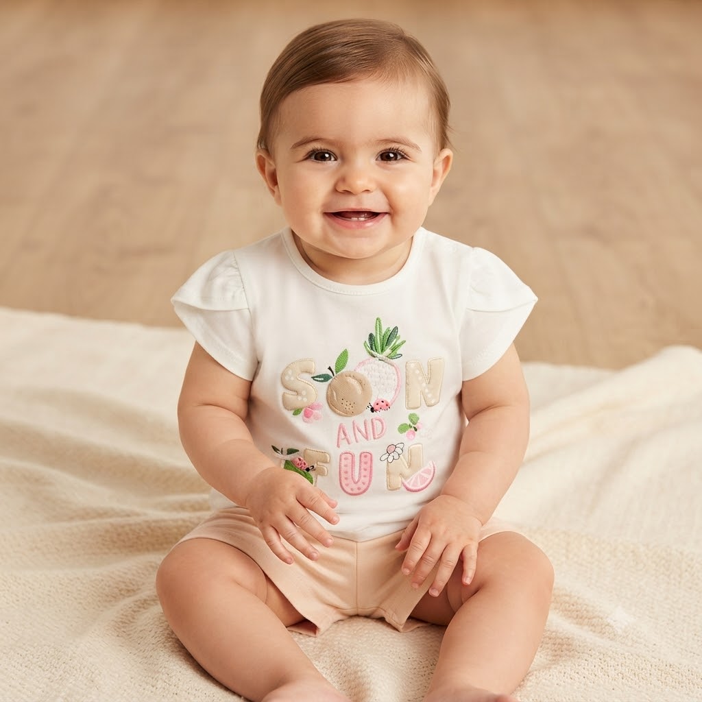 f12a20f8-213f-4a64-bd1b-ea8ff62a2ca0 - Da-Da Kids Smiling baby sitting on a soft cream blanket, wearing a white shirt with pastel fruit lettering and pink shorts.