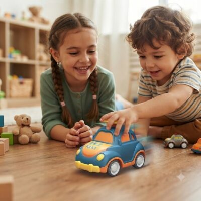Two smiling children play with colorful toy cars on a wooden floor, a girl with braids watching a boy push a blue police car.