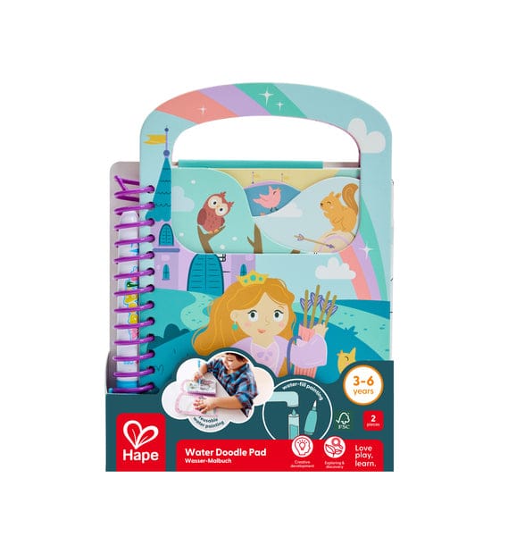 hape-toys-princess-water-doodle-pad-1227737224 - Da-Da Kids Water doodle pad for kids with a colorful illustrated cover (princess and animals), spiral purple binding, packaged by Hape for ages 3–6.