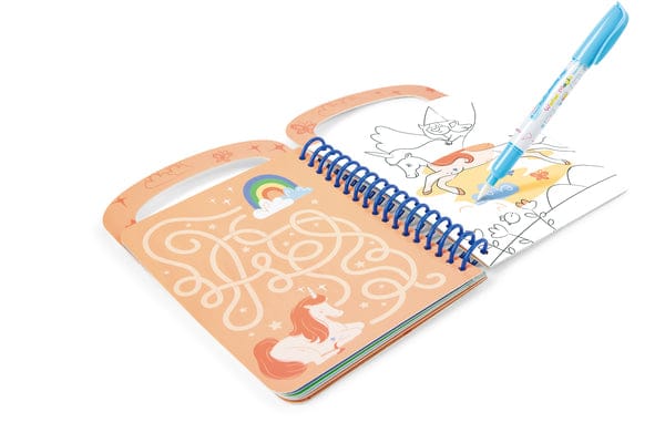 hape-toys-water-doodle-pad-1227737220 1 - Da-Da Kids Open spiral-bound notebook with peach-toned pages featuring unicorn illustrations and white doodles; a blue marker writes on a color-ready page nearby.