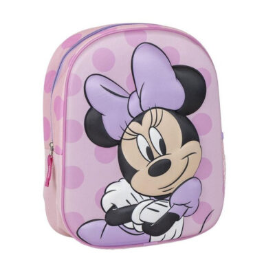mochila-3d-de-minnie-mouse - Da-Da Kids Pink kids' backpack with a large Minnie Mouse illustration and a purple bow on a dotted background.