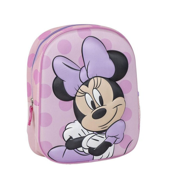 mochila-3d-de-minnie-mouse - Da-Da Kids Pink kids' backpack with a large Minnie Mouse illustration and a purple bow on a dotted background.