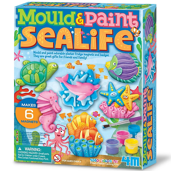 mould-paint-craft-kit-sealife~4893156035110_01c_MP - Da-Da Kids Bright 'Mould & Paint Sea Life' craft kit box with colorful sea creatures and paints; makes 6 magnets for kids.