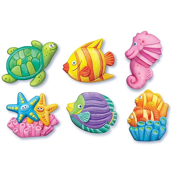 mould-paint-craft-kit-sealife~4893156035110_02c_MP - Da-Da Kids Six colorful cartoon sea creatures: turtle, two striped yellow fish, pink seahorse, starfish, purple fish, and coral reef pieces.
