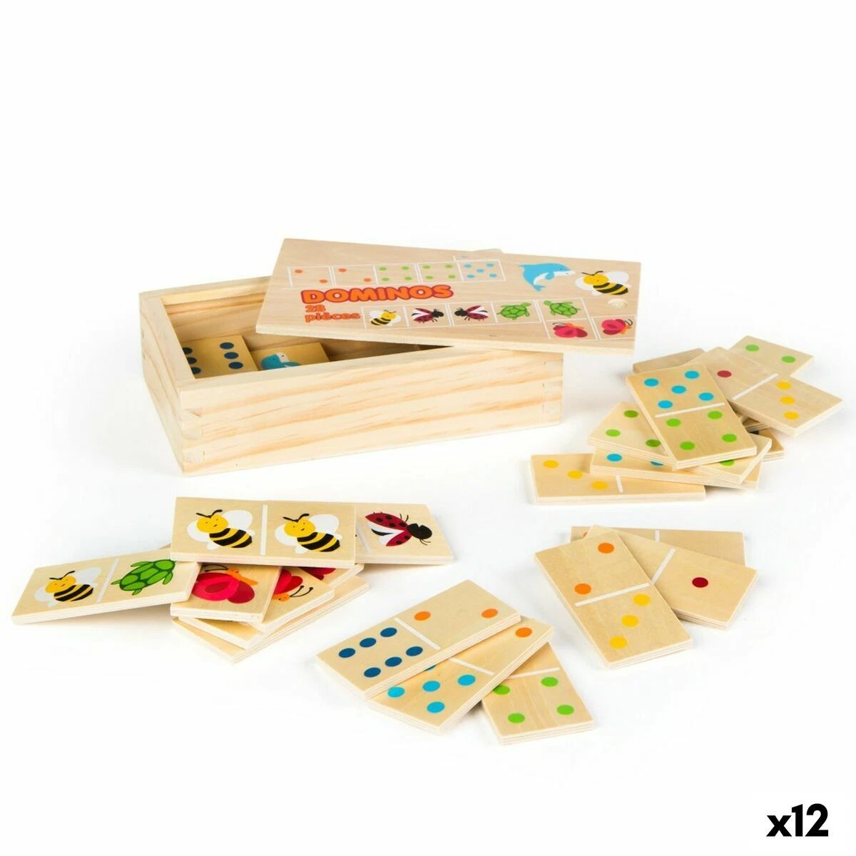 s-l1600 - Da-Da Kids Wooden domino game for kids with bee and fruit illustrations, box open and tiles spread around.