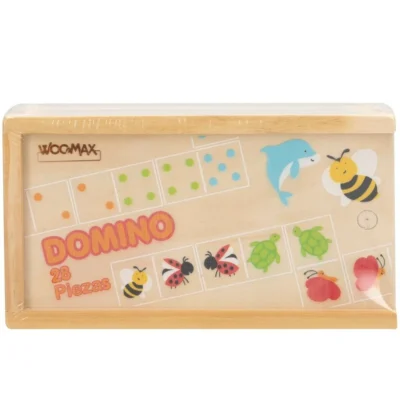 Wooden domino game box labeled DOMINO 28 Piezas with bee, ladybug, turtle illustrations on a light board design (informational product image).