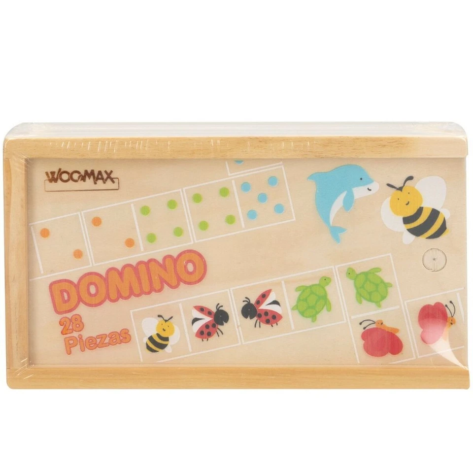s-l960 - Da-Da Kids Wooden domino game box labeled DOMINO 28 Piezas with bee, ladybug, turtle illustrations on a light board design (informational product image).
