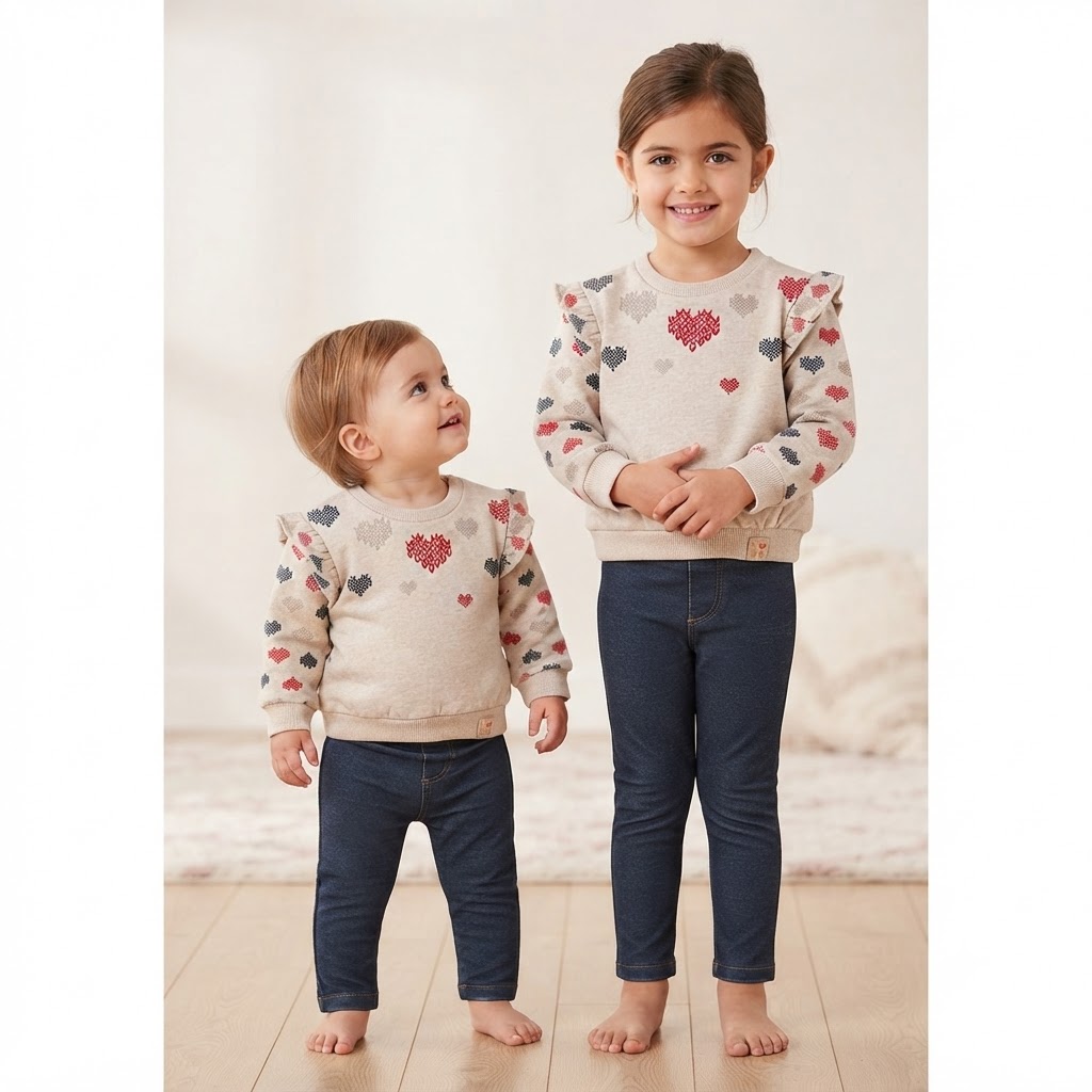 00f2243e-37f6-447c-9cb6-12f5a3210a7b - Da-Da Kids Two young children wearing matching beige heart-pattern sweaters and dark jeans, standing barefoot on a wooden floor.