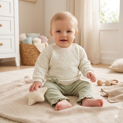 0230fcd7-2561-4840-8630-7223d52fa3e7 - Da-Da Kids Smiling baby sitting on a beige rug in a bright nursery, surrounded by soft toys.