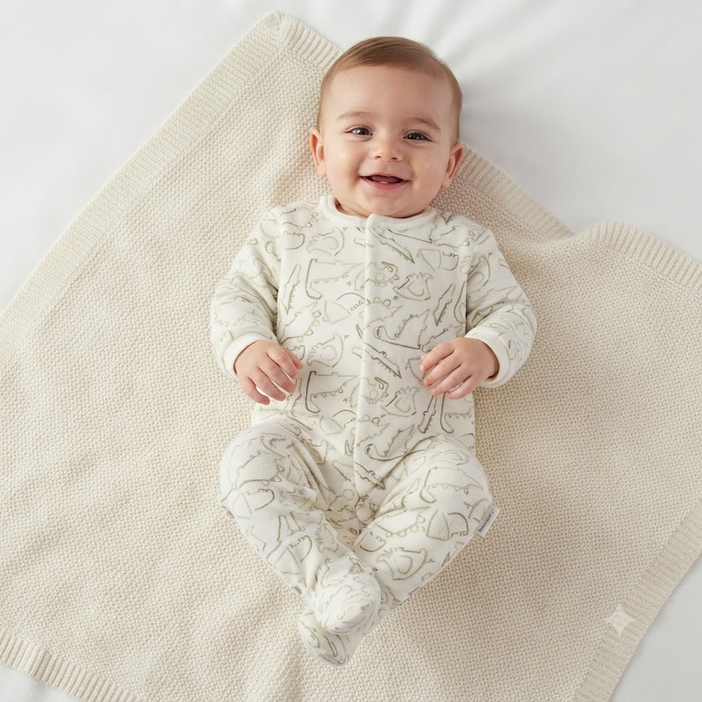 126a1329-5e64-4f00-850c-f1da909b71c3 - Da-Da Kids Smiling baby lying on a cream knit blanket in a white patterned onesie.