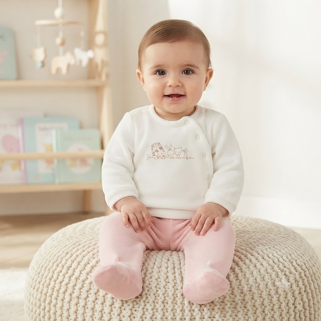 16f58aa5-53b9-451d-846b-7fcc0a895fd7 - Da-Da Kids Smiling baby sits on a chunky cream knitted pouf in a cozy nursery.