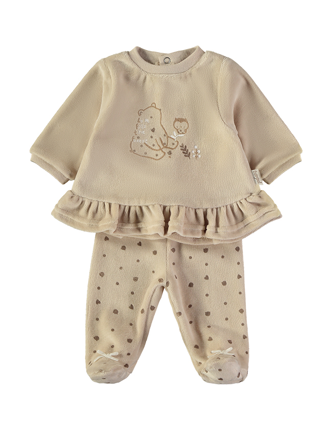 260000-C_000003_1 - Da-Da Kids Beige baby outfit: long-sleeve top with bear embroidery and a ruffled hem, paired with polka-dotted footed leggings.