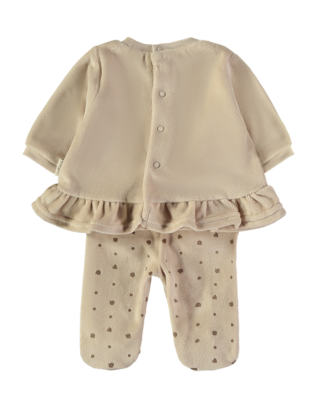 260000-C_000003_2 - Da-Da Kids Beige baby fleece outfit with a cardigan-style top featuring back buttons and a ruffled hem, paired with dotted leggings.