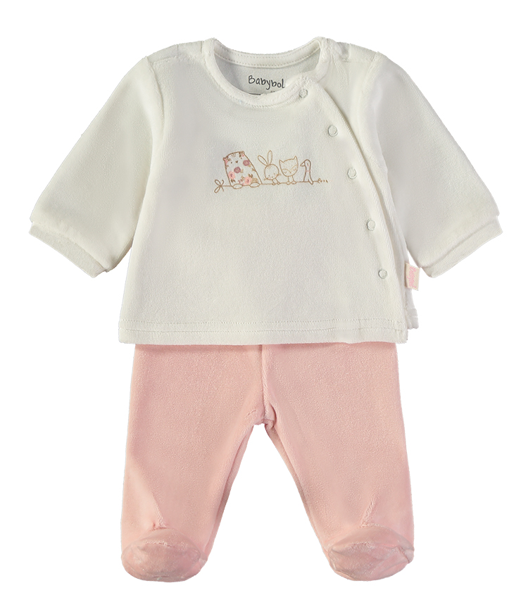 260001-C_000052_1 - Da-Da Kids Baby outfit: white long-sleeve top with pastel embroidery and pink footed pants for a baby girl or boy.