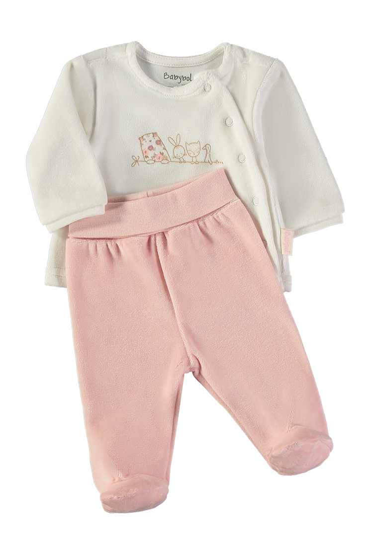 260001-C_000052_3 - Da-Da Kids Baby outfit: white long-sleeve cardigan over pink footed pants, with small embroidered animals on the chest.
